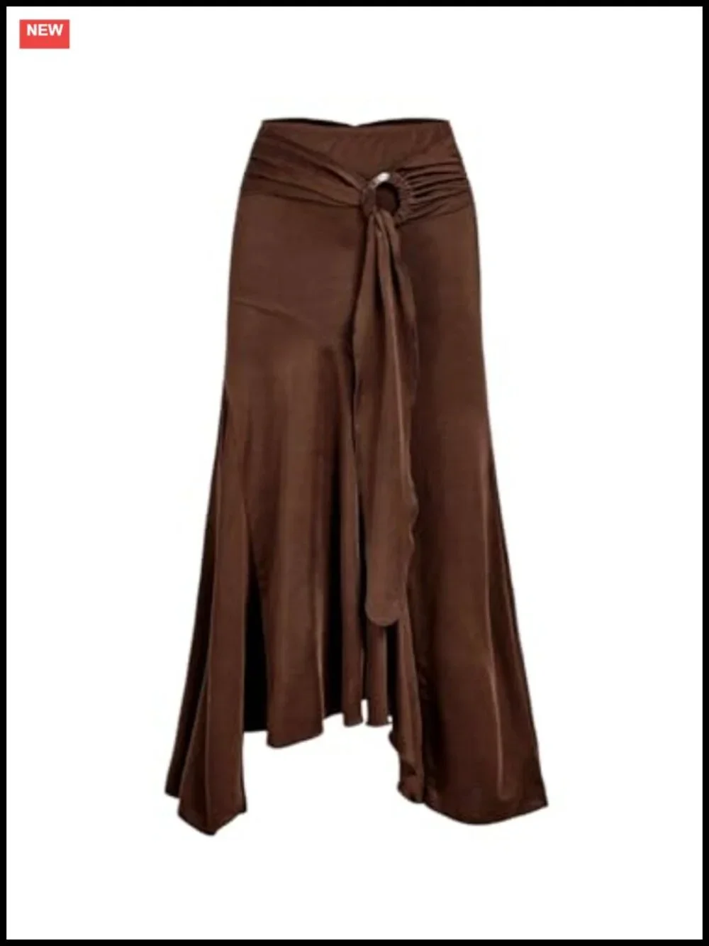 High-Waisted Ruched Asymmetrical Long Skirt with Metal Ring